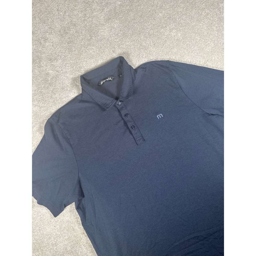 Travis Mathew Golf Polo Shirt XXL Navy Blue Bandana Roadrunner Sleeve Logo Euc - Picture 2 of 10